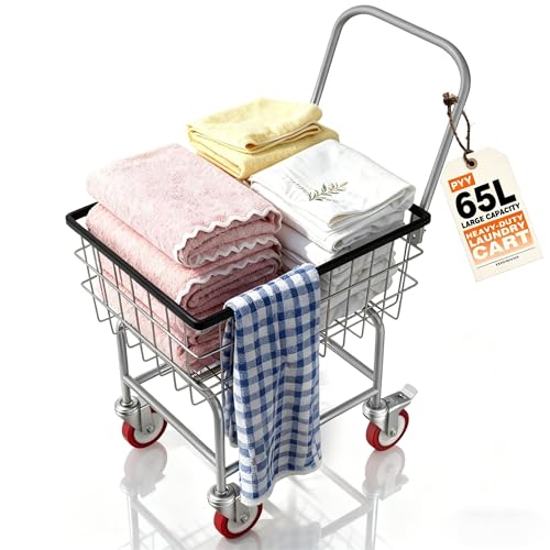 PYY Wire Laundry Cart - 2 Bushels Heavy Duty 7/8" Wire Laundry Basket with Wheels & Handle, 130LBS Load Capacity, 5-Inch Lockable Rolling Wheels, Anti-Rust Finish, Rubber Bumpers, Silver 65L - color: Silver