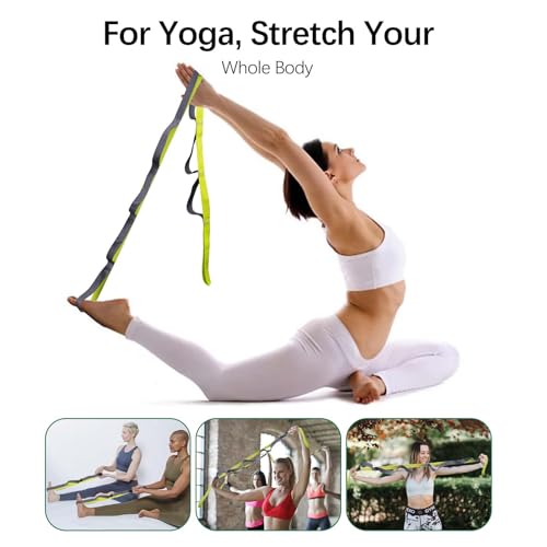 10 Loop Yoga Stretching Strap for Physical Therapy - Non-Elastic Exercise Band for Pilates, Yoga, Stretching for Women & Men - color: Green/Grey