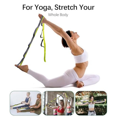 10 Loop Yoga Stretching Strap for Physical Therapy - Non-Elastic Exercise Band for Pilates, Yoga, Stretching for Women & Men - color: Green/Grey