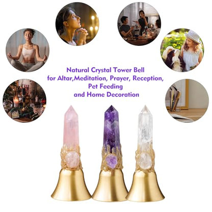 Super Loud Solid Brass Hand Call Bell Meditation Altar Bell - Solid Brass Ritual Tool for Prayer, Home Decor & Pet Feeding (Natural Crystal Tower Design)