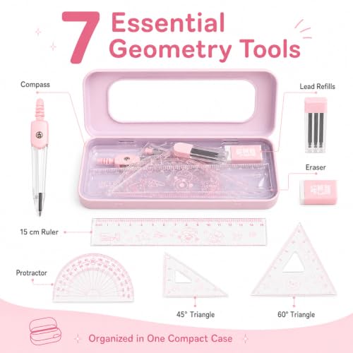 7Pcs Pink Geometry Math Drawing Set with Compass, Protractor, Rulers, Drafting Tools in Portable Box for Students