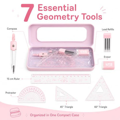 7Pcs Pink Geometry Math Drawing Set with Compass, Protractor, Rulers, Drafting Tools in Portable Box for Students