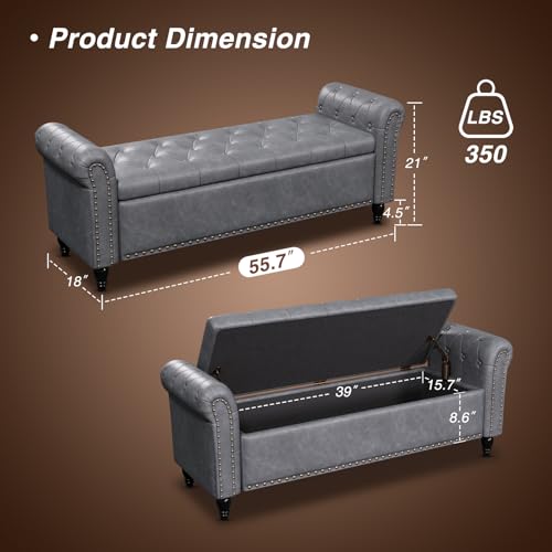 FiveWillowise 55" Bedroom Bench, End of Bed Bench with Storage, Grey - color: Grey, size: 55-inch