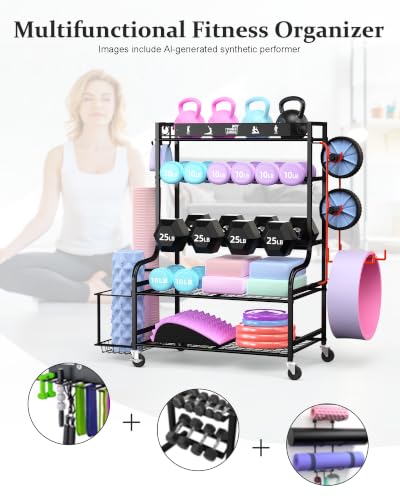 Mythinglogic Home Gym Storage Rack with Wheels for Dumbbells and Yoga Mats - color: New Black