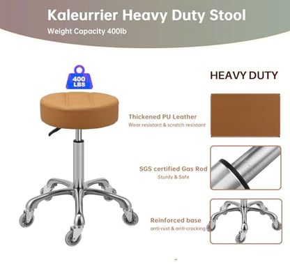 Kaleurrier Rolling Stools with Adjustable Height: Swivel Stool with Wheels - color: Camel