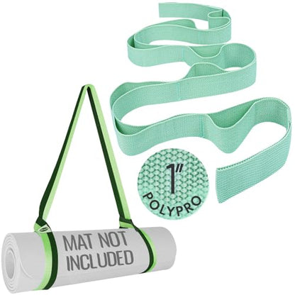 TECEUM Bundle of 2 Items – Yoga Mat Strap Green Avocado 64 IN & Stretching Strap for Yoga Light Green Polypropylene 1” – Mat Holder Sling For All Mats – Leg Strap for Exercising, Physical Therapy