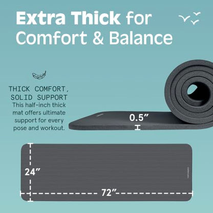Retrospec Solana Yoga Mat Thick 1/2in Non-Slip Workout Mat with Nylon Strap - 72x24in Exercise Mat for Pilates, Stretching & Fitness - BPA Free, Easy Clean - color: Graphite