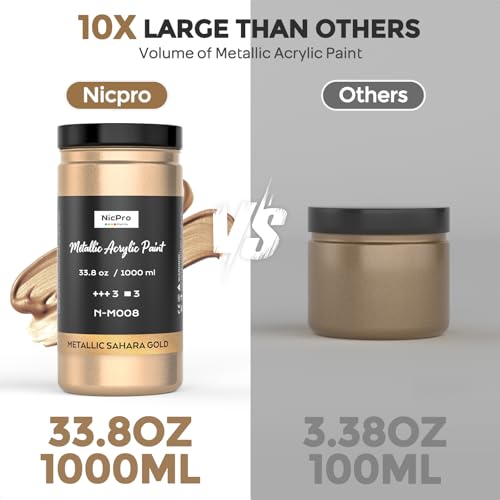 Nicpro Metallic Sahara Gold Acrylic Paint, 33.8oz/1000ml Gold Leaf Paint | Non Toxic Non Fading Craft Paint for Metal, Wood, Craft, Clay, Canvas, Furniture, Art Painting, Handcrafts, Art Supplies - color: Sahara Gold, size: 33.8 Fl Oz (Pack of 1)