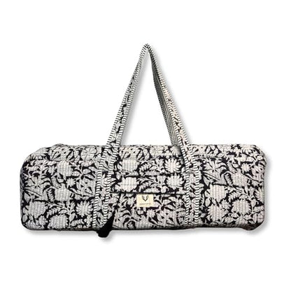 Large Capacity Handblock Printed Yoga Mat bag for Women, Gym Bag, Fits Yoga Blocks, Adjustable strap, Pilates, Gym, Fitness Block & Gear, Light and Durable - color: Charcoal Bloom