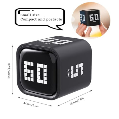 Rotating Digital Cube Timer with Gravity Sensor, 5/10/30/60 Min Preset & Custom Up to 99 Min, USB-C Rechargeable Stopwatch, Vibration Volume Mute Alert for Pomodoro Focus Study Kitchen (Black) - color: Black