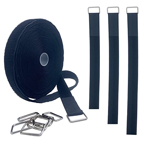 39ft Black Hook and Loop Straps With 50Pcs Metal Buckles 1 inch Wide Cinch Straps Nylon Long Adjustable Management Cords Organized Cable Ties - color: Black