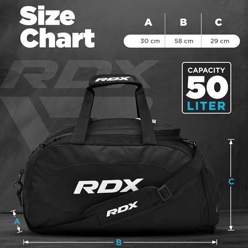 RDX 50L Gym Bag with Ventilated Shoes Compartment, All In One Backpack Duffle Holdall, Fitness Sports MMA Boxing Yoga Swim Gear Sportswear Bag, Weekend Overnight Travel Hiking Rucksack for Men Women - color: Black