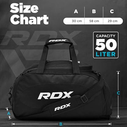 RDX 50L Gym Bag with Ventilated Shoes Compartment, All In One Backpack Duffle Holdall, Fitness Sports MMA Boxing Yoga Swim Gear Sportswear Bag, Weekend Overnight Travel Hiking Rucksack for Men Women - color: Black