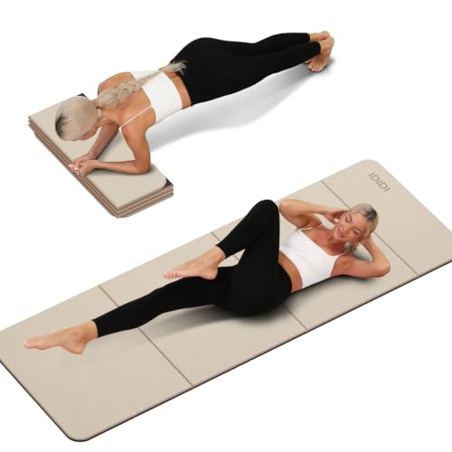 Foldable Yoga Mat Extra Thick 0.32"(8mm) | Folding Exercise Mat,Odorless POE, Non-Slip Grip, No-Curl Edges, Great for Yoga, Pilates & Home Workouts - color: Beige
