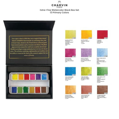 Charvin Extra-Fine Watercolor Pan Set, Primary - Handmade Box Set of 12 Half-Pans - Professional Watercolor Paint Set, Made in France, Smooth Shellac-Like Finish, Glossy & Highly Transparent Pigment - color: Primary