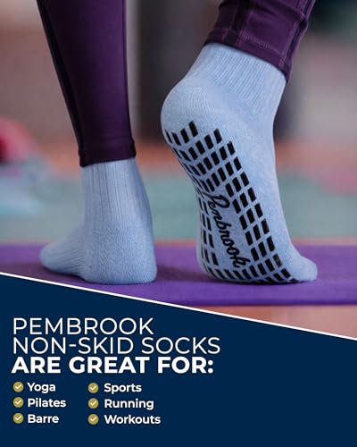 Pembrook Non Slip Crew Grip Socks Men & Women - 4 Pairs | Non Slip Socks for Elderly, Hospital, Pilates, Yoga, Barre, Home - color: Pink, Sky Blue, Purple, Lilac - 4 Pairs, size: Medium