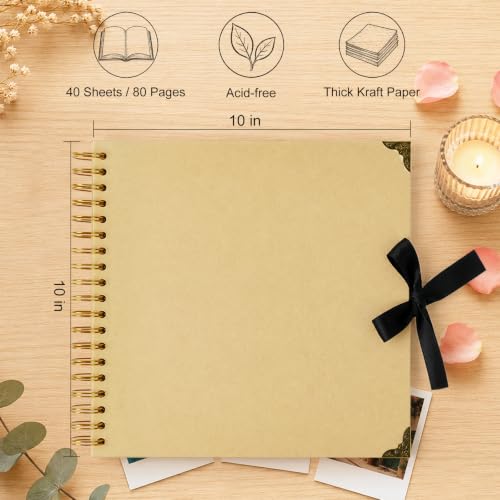 Scrapbook Photo Album 10"x10" 40 Sheets 80 Pages Kraft Paper Ribbon Closure | DIY Memory Book with Corner Protectors for Family Baby Milestones, Art & Craft Projects, Perfect for Polaroid 4x6 5x7 Photos - size: 10''x10''