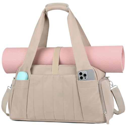 Marvolia Gym Bag for Women with Yoga Mat Holder, Khaki | Sports Duffle Bag for Travel with Shoes Compartment, Tote Bag with Wet Pocket for Yoga Workout, Dance - color: Khaki