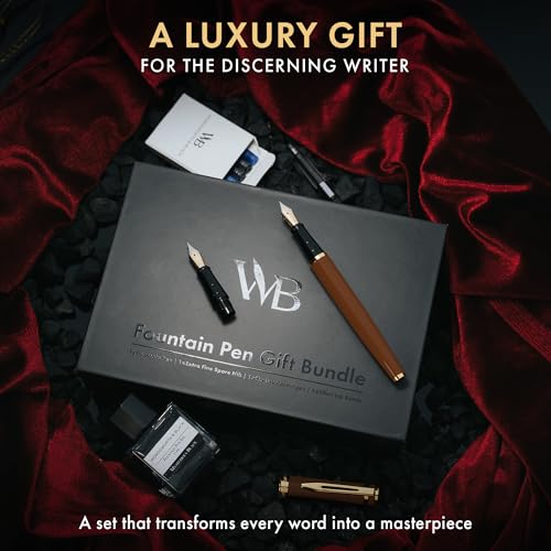 Wordsworth & Black Fountain Pen Gift Set, Medium & Extra Fine Nib, Brown | For Men & Women, Brass Body, 18K German Iridium, Ink Bottle + 6 Cartridges, Converter, Writing & Calligraphy, Journaling - color: Brown Gold