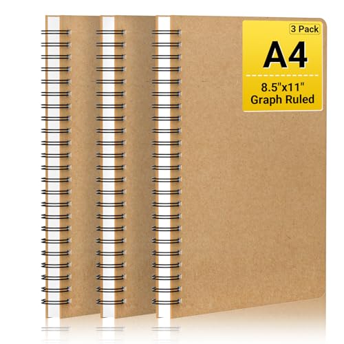 EUSOAR Graph Notebook Spiral, A4 3Packs 8.5"x11" 120 Pages Graphing Notebook, Hardcover Spiral Grid Graph Paper Notebook Composition for Math Science Engineering Artist Drawing-Kraft - color: Kraft, size: A4