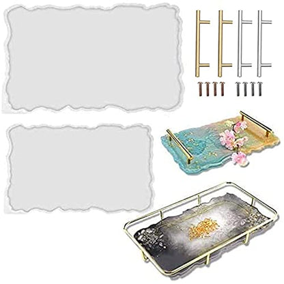 RESINWORLD Set of 2 Size 14‘‘ & 12'' XL Large Serving Tray Silicone Molds Epoxy Resin Geode Tray Mold with Gold & Silver Handles (Rectangle)