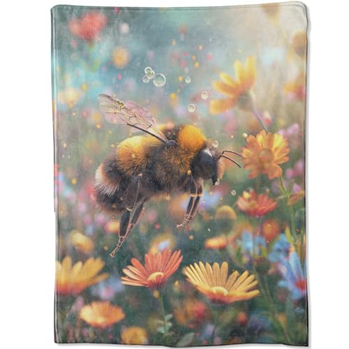 Natural Bee Blanket Gifts for Adults Women Men, Bumblebee Flying Colorful Bloom Wildflower Throw Blankets for Sofa Office Couch Room Decor, Cozy Lightweight Warm Soft Throws, 40x50 in - color: Bee 01, size: 50x40 in