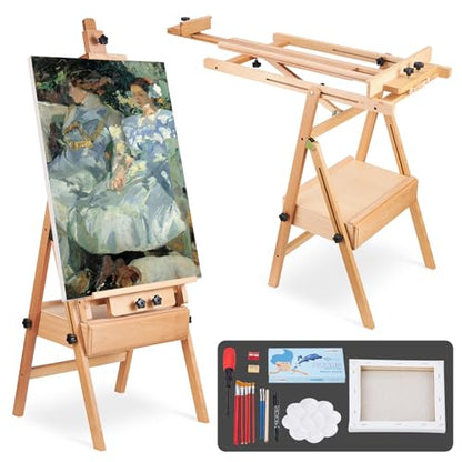 YOKUGO Beech Wood H-Frame Painting Easel with Storage Drawer, Natural | Heavy-duty Studio Easel, Adjustable Height & Angle Floor Easel Stand, Holds 30"-48" Canvas, Foldable Artist Easel for Adults - color: Natural