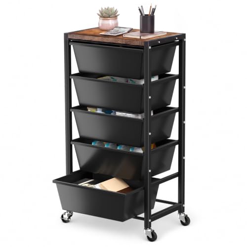 Rolling Cart with 5 Drawers, Plastic Drawer Storage Carts with Wheels & Wooden Tabletop, Metal Utility Cart for Office Bedroom Living Room Classroom, Craft Organization and Storage, Black - color: Black