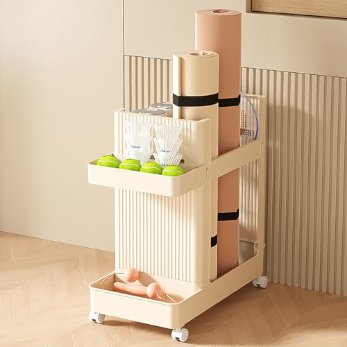 Home Gym Storage,2 Tiers Workout Equipment Organizer with Wheels Workout Equipment Storage Organizer Yoga Mat Storage Racks Home Gym Storage Rack for Yoga Mats, Foam Roller, Dumbbells - color: Yellow