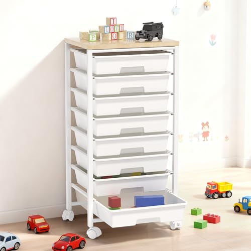 Rolling Cart with 8 Drawers, Storage Drawers Cart with Wooden Tabletop and Lockable Wheels, Craft Storage for Living Room, Office, Classroom, Craft Room, Bedroom - color: White