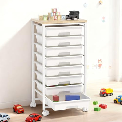 Rolling Cart with 8 Drawers, Storage Drawers Cart with Wooden Tabletop and Lockable Wheels, Craft Storage for Living Room, Office, Classroom, Craft Room, Bedroom - color: White