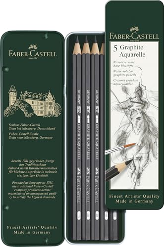 Faber-Castell 5 Piece Quality Water-Soluble Graphite Aquarelle Pencils in a Tin, Including HB, 2B, 4B, 6B and 8B, Grey