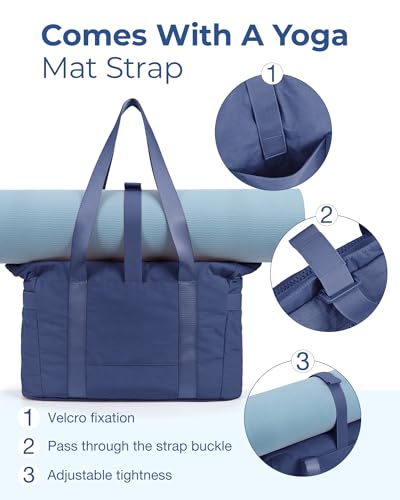 BAGSMART Tote Bag for Women, Lightweight Tote Bag with Yoga Mat Strap, Quilted Shoulder Bag Handbag for Daily, Work, Gym - color: Navy Blue