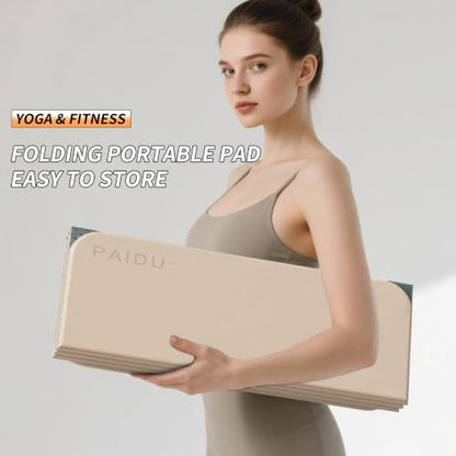 PAIDU Foldable Yoga Mat 10MM Thick SGS Certified TPE 75x26" Portable - color: Beige+Dark Gray