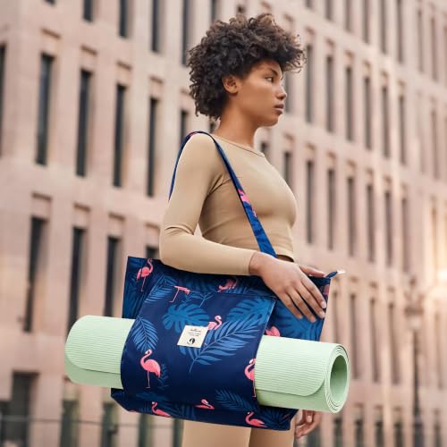 WLLWOO Yoga Mat Carrier Bag for Women Canvas Carryall Tote Gym Pilates | Large Holder Zipper Shoulder for Beach Travel Workout Fitness Office - color: Flamingo