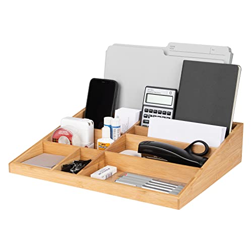 Theodore Bamboo Desk Organizer, 10 Compartment Desktop Organizer for Office Supplies, Mail, Pens and Notebooks, Wooden Countertop Organizer for Home Office Desk