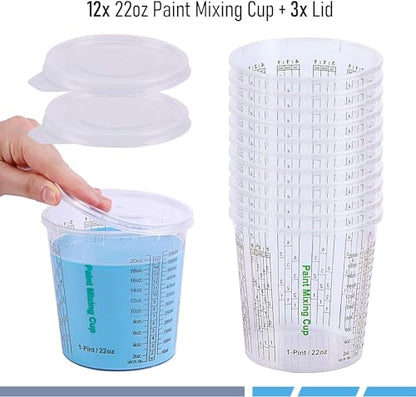CANOPUS 22-oz Paint Mixing Cups, Pack of 12 Cups with 3 Lids, Reusable and Solvent-Resistant Clear Plastic Containers for Paint, Epoxy, Resin, Oil, and Thinner - size: 22 oz