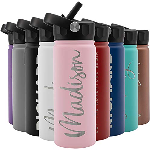 Amazing Items Personalized Water Bottle w/Straw & Lid, 18 oz - Pink | Custom Stainless Steel Sports Water Bottle w/Name and Text - Double-Wall, Vacuum Insulated - Rotating Handle - color: Pink, size: 18 Ounces