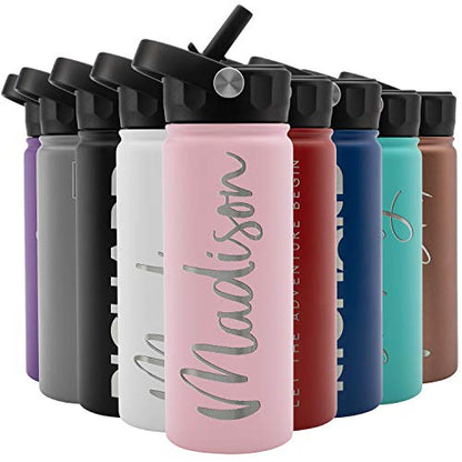 Amazing Items Personalized Water Bottle w/Straw & Lid, 18 oz - Pink | Custom Stainless Steel Sports Water Bottle w/Name and Text - Double-Wall, Vacuum Insulated - Rotating Handle - color: Pink, size: 18 Ounces