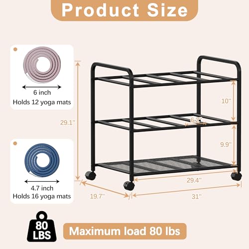 Lutown-Teen Yoga Mat Storage Rack with Wheels and Rounded Corners, Black | Large-Capacity Home Gym Storage Yoga Mat Rack for Fitness Class, Home, Gym, Workout Room, Easy Assembly