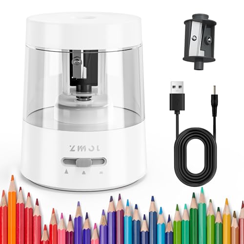 ZMOL Electric Pencil Sharpener, USB or 2 AA Powered,6-8mm,Black | Suitable for Colored Pencil No.2,Fast Sharpening,3 Modes,Tungsten Steel Blade Holder, Portable for Classroom Office Home - color: White