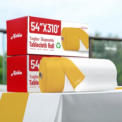 Disposable Tablecloth, 310 Ft X 54 In Plastic Table Cloth Rectangle Table | White Gold Tablecloth Plastic Table Cloth Disposable PEVA Plastic Table Cover with Cutter for Weddings, Parties, Anniversary - color: White and Gold, size: 3720" x 54" (Rectangula