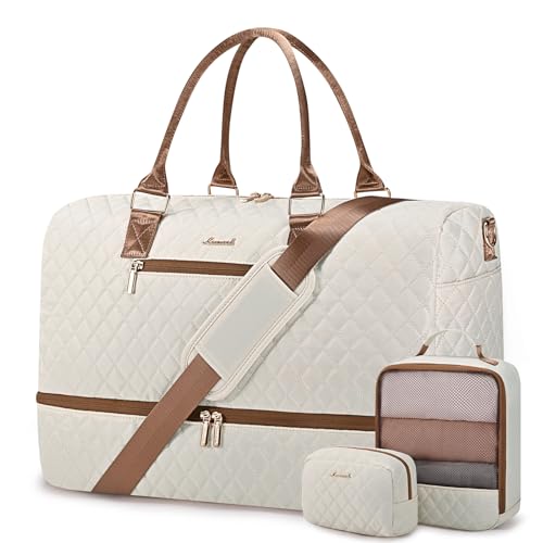 LOVEVOOK Travel Duffle Bag for Women, Weekender Overnight Bag with Shoe Compartment, Carry on Bag with Toiletry Bag, Gym Duffel Bag with Wet Pocket, Hospital Bags for Labor and Delivery 3 Pcs Set - color: Beige-Brown, size: Large
