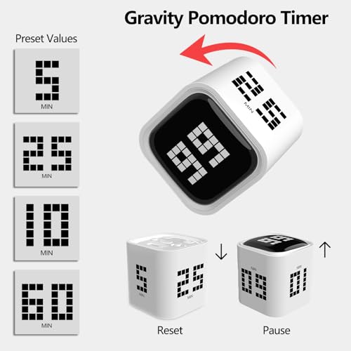 Rotating Focus Timer, 5/25/10/60-Minute Pomodoro Timer, Desk Flip Countdown with Vibration & Volume Control, ADHD-Friendly Tool for Office, Study, and Kitchen (White) - color: White