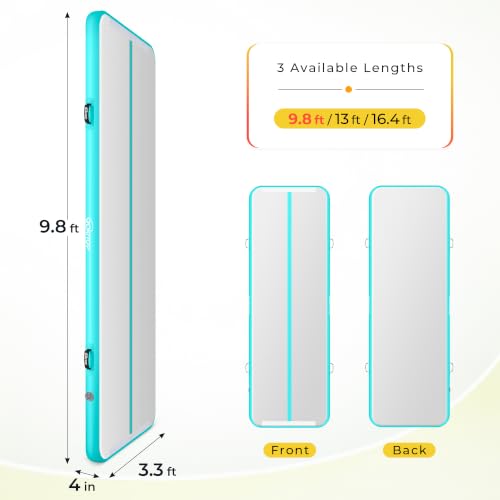 Gymnastics Air Track Tumbling Mat with Air Pump for Home Gym | Inflatable Gym Mat 4 Inches Thick for Home Training, Cheerleading Yoga Outdoor Use, User Manual - size: 9.8FT