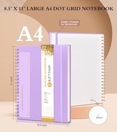 Dotted Notebook, Spiral Notebook Journal 8.5” x 11”, A4 Large Dot Grid Notebooks for Women Men, 100 GSM Dotted Paper, Plastic Hardcover Spiral Bullet Journals for Work School Sketching, Purple - color: Purple, size: Dotted