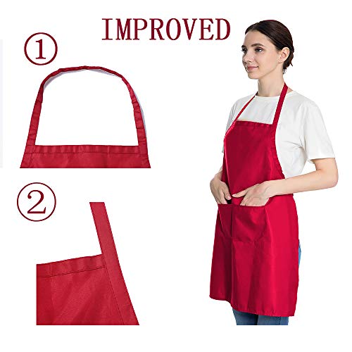 Total 6PCS Red Aprons Bulk for Women Unisex Plain Colour Bib Aprons with 2 Front Pockets Washable Apron for Painting Cooking Baking Kitchen Restaurant Crafting - color: Red