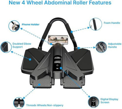 Ab Roller Home Gym Equipment – 4 Wheels Ab Wheel Muscle Roller with Automatic Rebound, Yoga Stretching Strap, 3 Resistance Bands – Comfortable Elbow Support with Non-Slip Handles – Built-in Workout Tracker - color: Newer Black + 3 Bands + 1 Strap