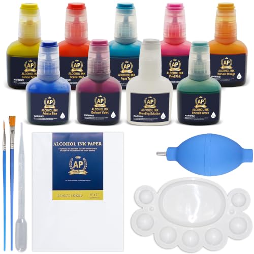 Alcohol Ink Set - 15 pcs of 20ml Vibrant Concentrated Colors Alcohol-Based Ink for Epoxy Resin Art Petri Dish Tumbler Making incl. Acrylic Ink Paper for Alcohol Inks Blending Solution & Paint Brushes