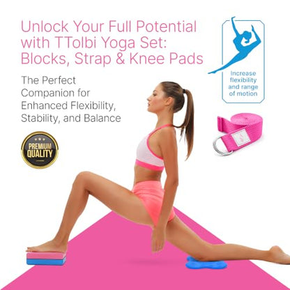 Yoga Blocks 2 Pack with Strap and Guide – Soft Non-Slip EVA Foam Blocks | High-Density Pilates Blocks for Home Workouts, Dance, Ballet, Gymnastics & Stretching Exercise, Dance Accessories and Gifts - color: Pink/Blue & Stretch Band Rose